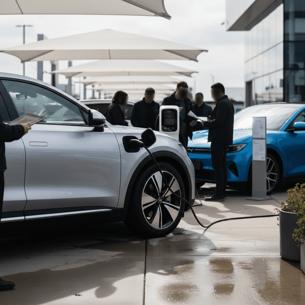 Row of new electric cars parked at a dealership lot