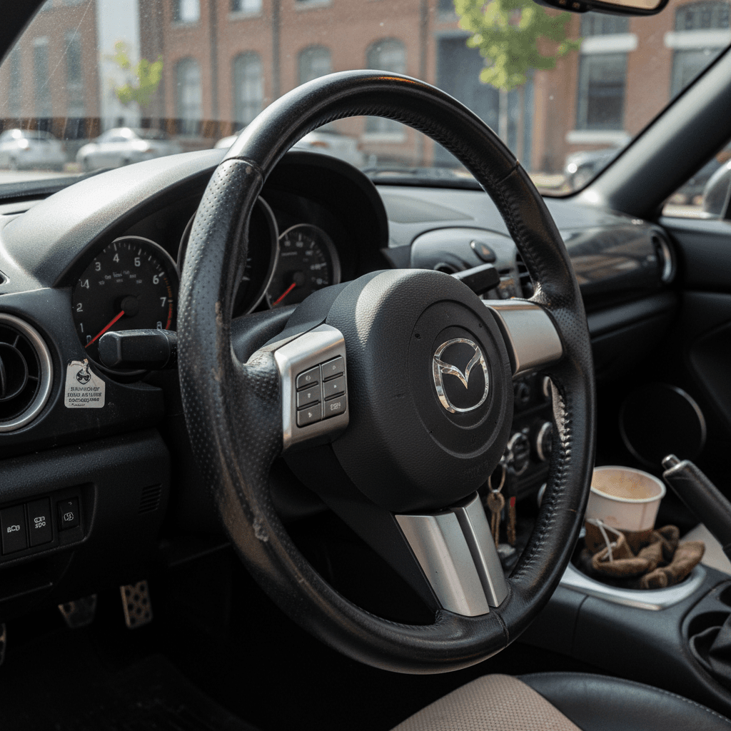 Row of used sports cars parked at a dealership lot at sunset