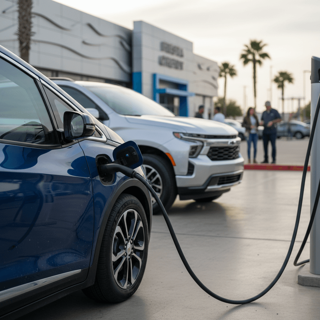 Chevrolet Bolt EUV plugged in at a public EV charging station at dusk