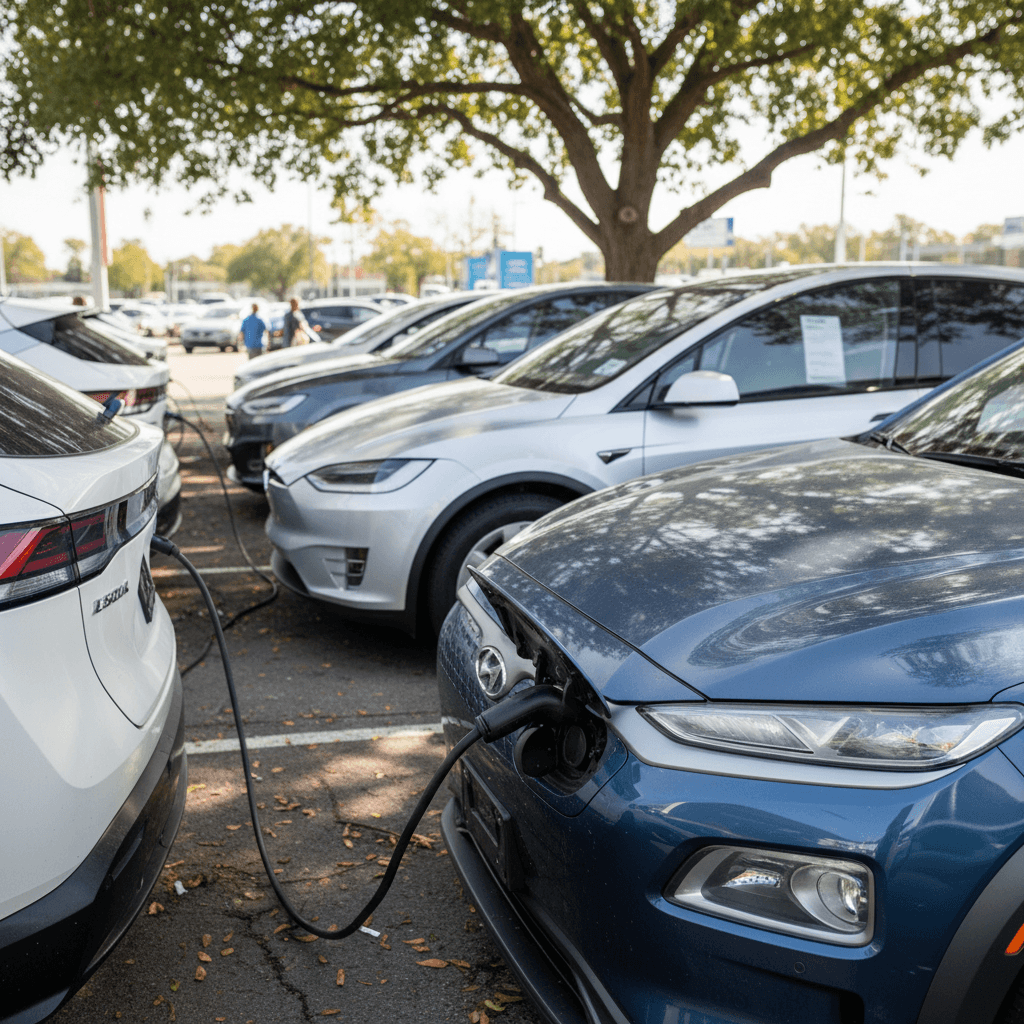 Technician reviewing EV battery diagnostics for a used electric SUV on a tablet