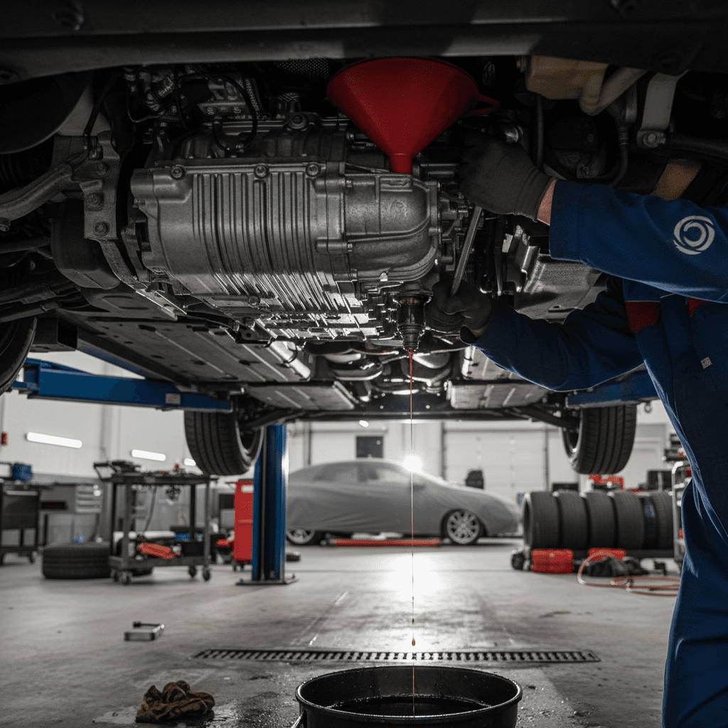 Technician performing an oil change on a compact SUV in a dealership service bay
