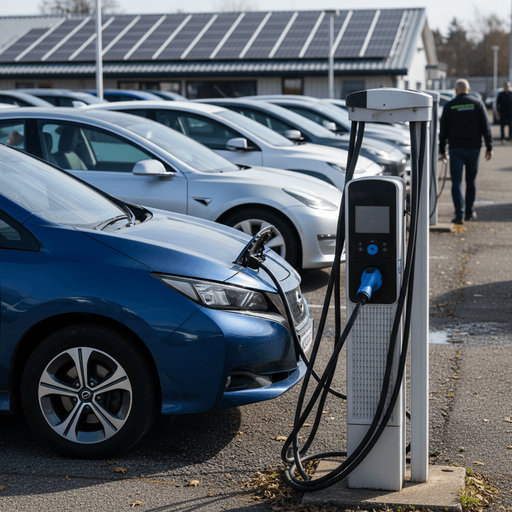 Driver charging an electric car at a public charging station in a US city