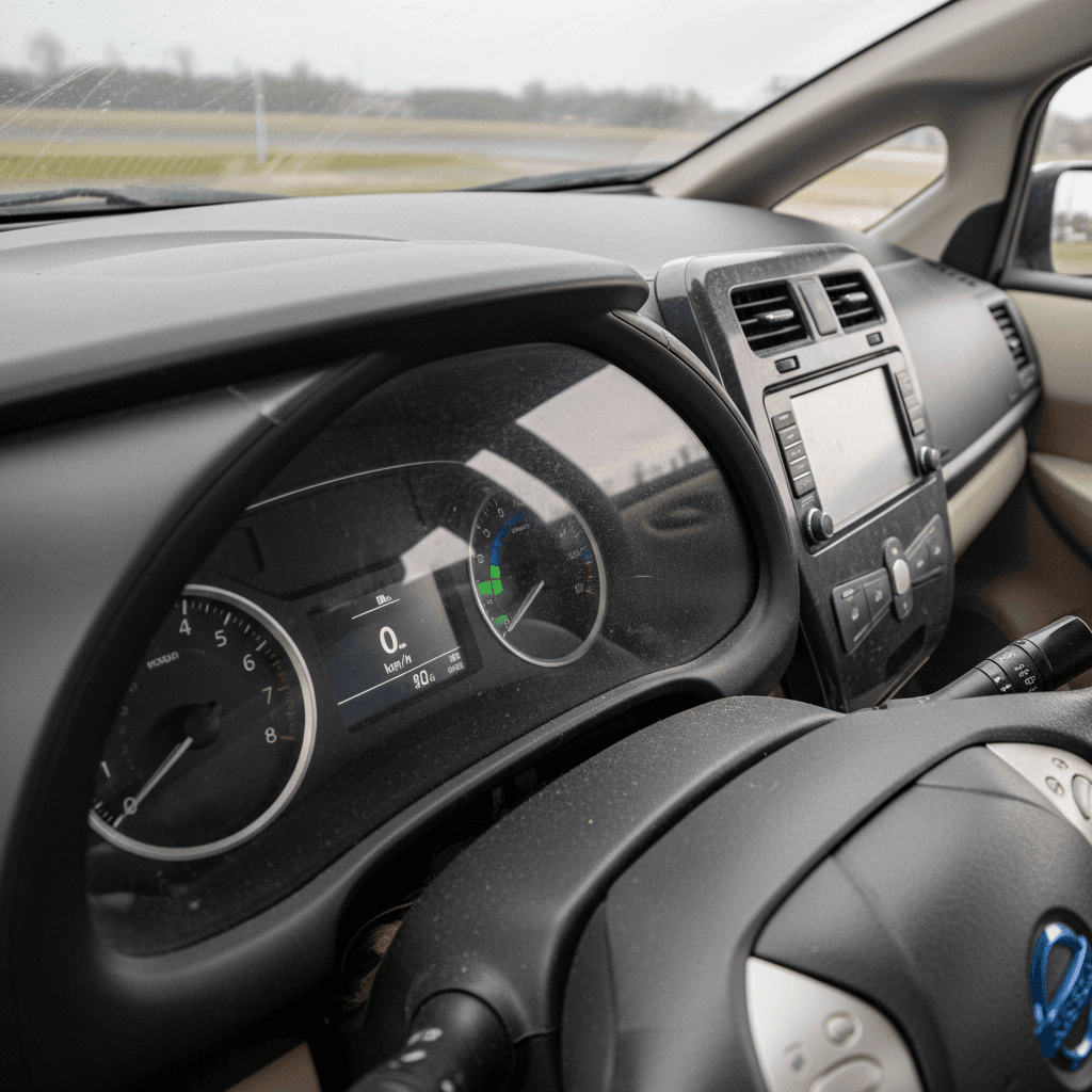 Interior of a Nissan Leaf electric car showing the central touchscreen and digital gauge cluster