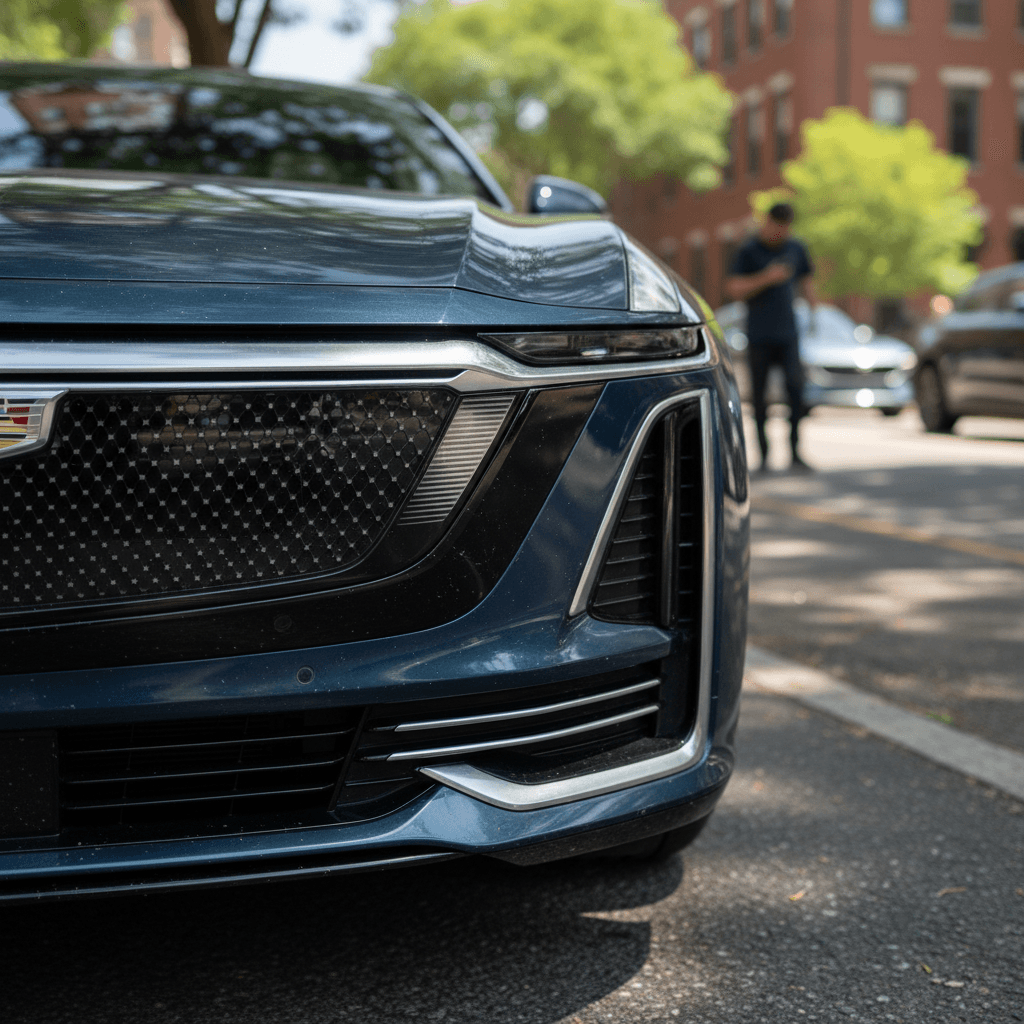 Electric Cadillac SUV charging at a station at night with city lights in the background