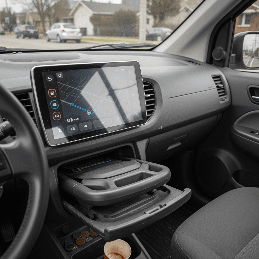 Driver in a modern electric car using hands-free highway assist on a highway