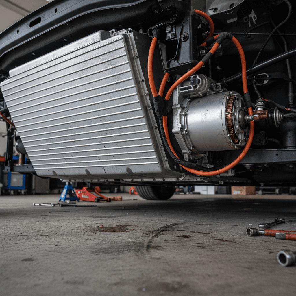 Tesla drive unit and suspension components being inspected in a workshop