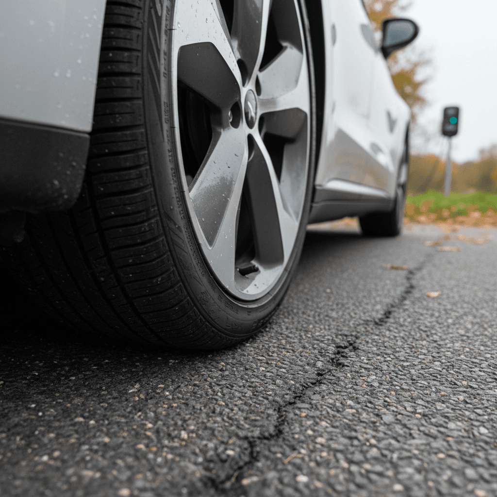 Closeup of an electric vehicle wheel and EV-specific tire on the road