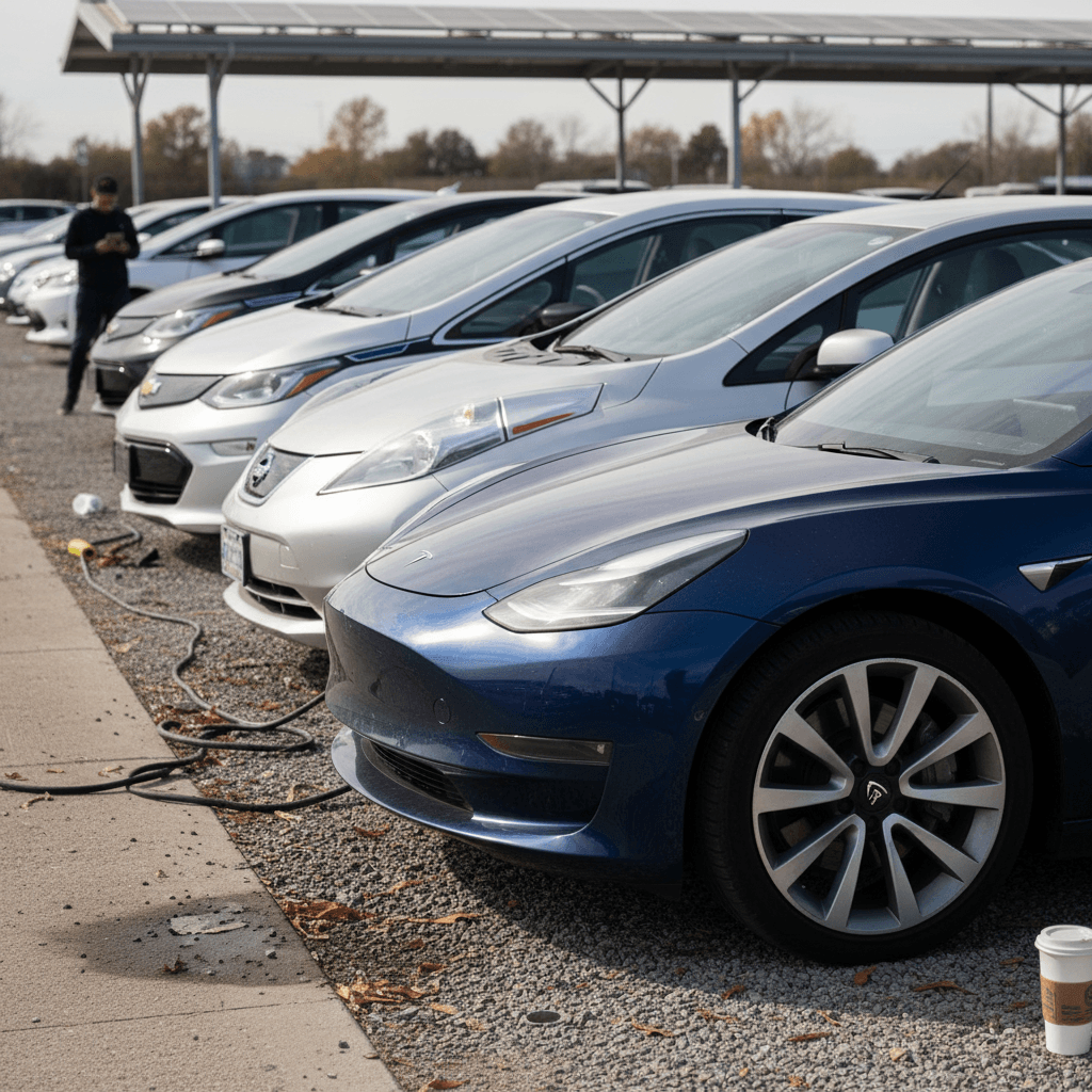 Row of used electric cars parked on a lot at dusk