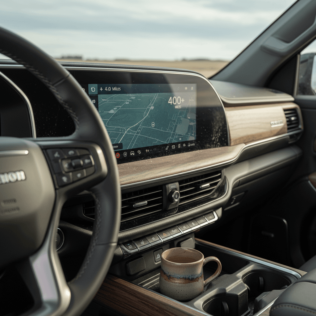GMC-style electric pickup truck plugged into a DC fast charger at a modern station
