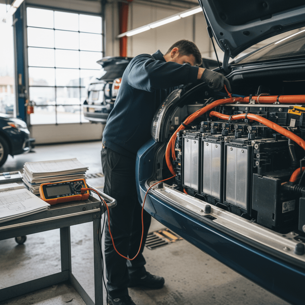 Mechanic using diagnostic tools in the battery bay of a hybrid car on a lift