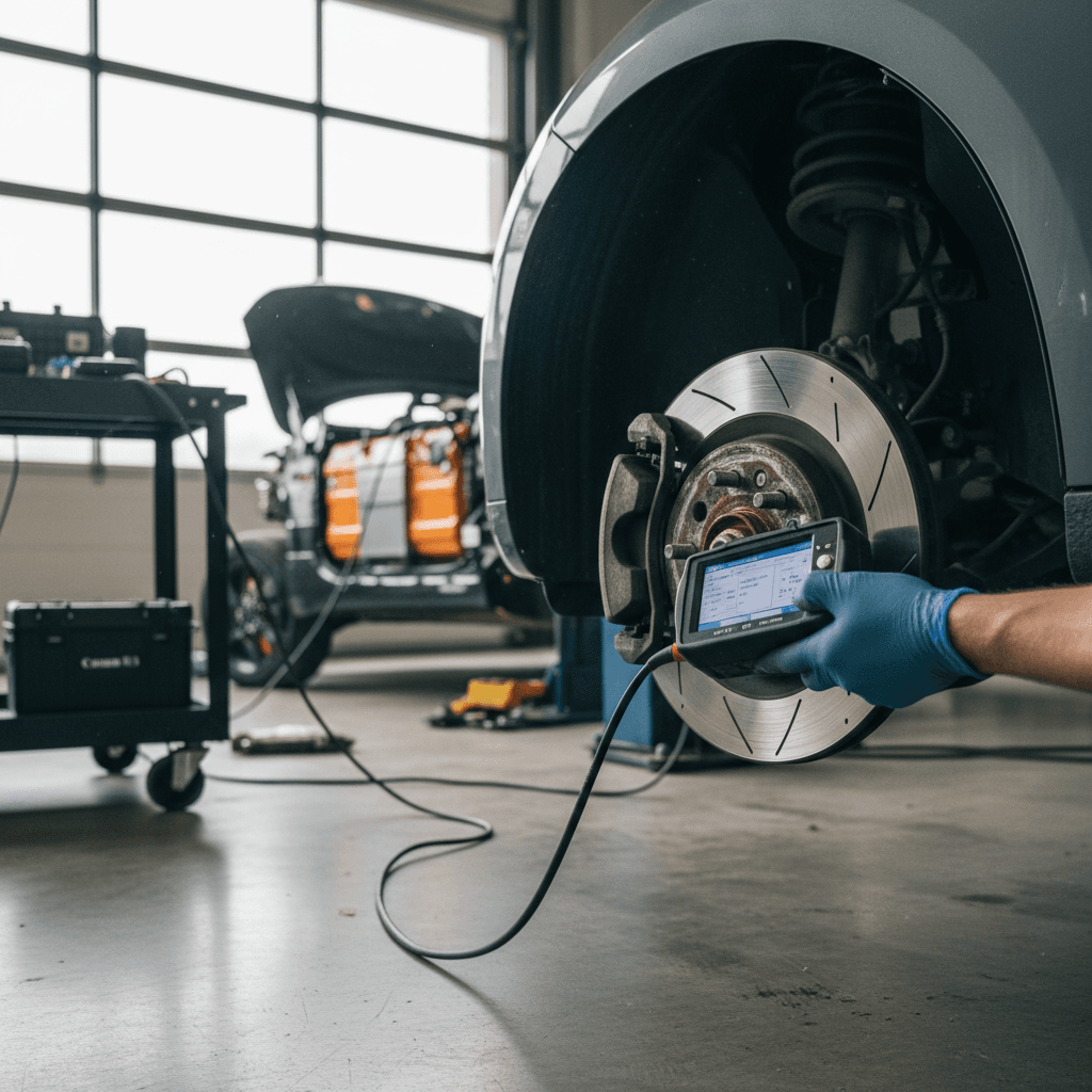 Technician inspecting the wheels and suspension of an electric car on a lift