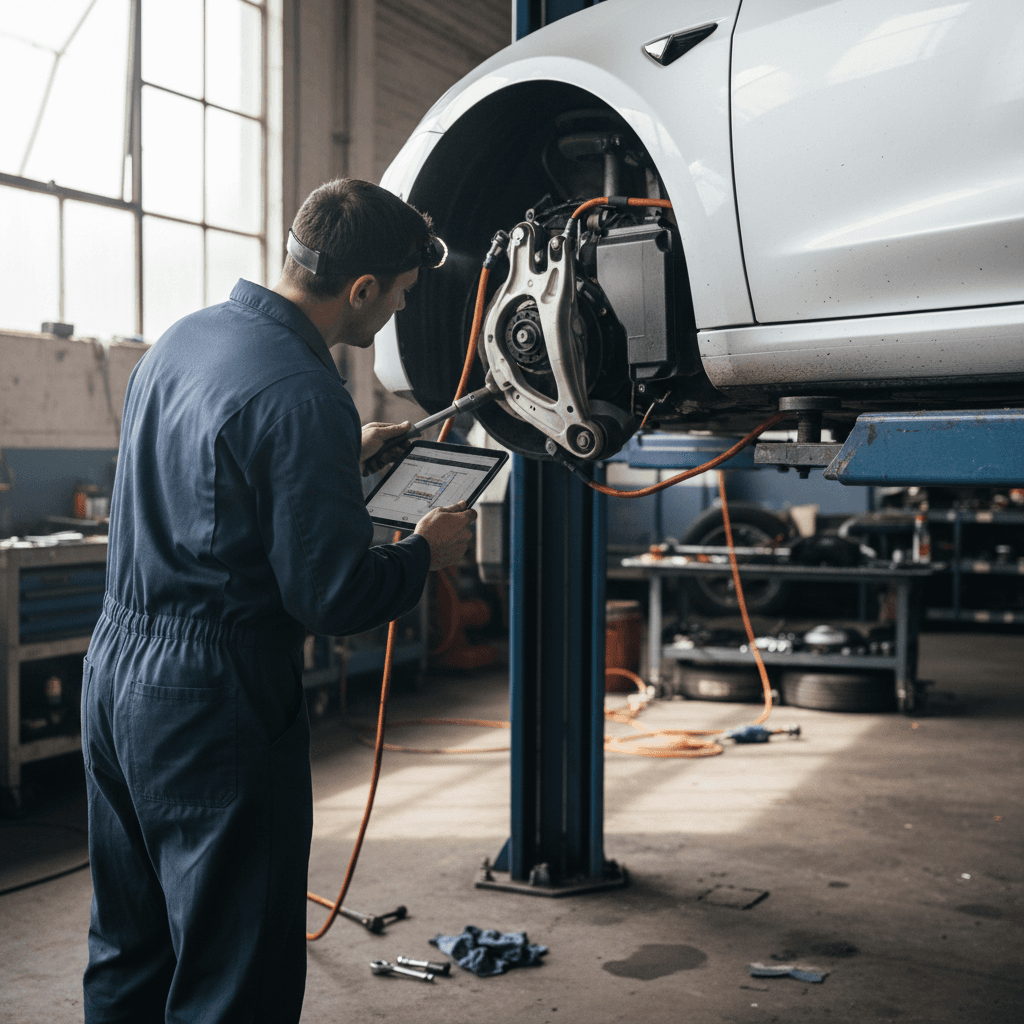 Technician performing maintenance on a Tesla in a service bay