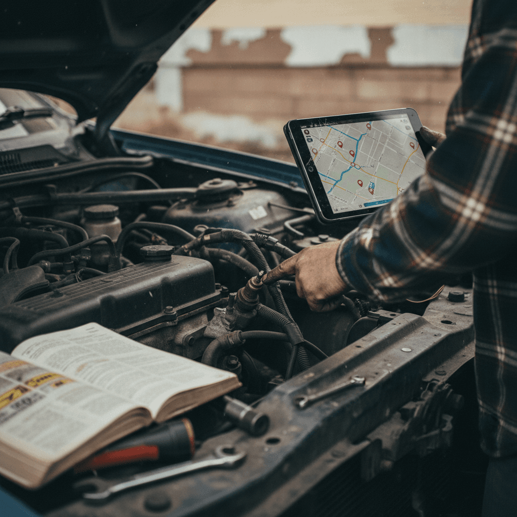 Customer discussing repair estimate with a mechanic at an auto repair shop service counter