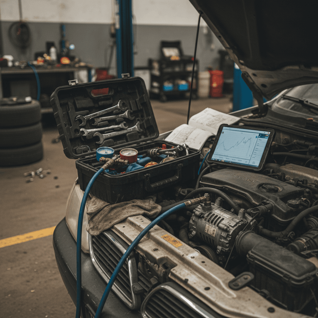 Close-up of a car dashboard showing AC controls set to maximum cold