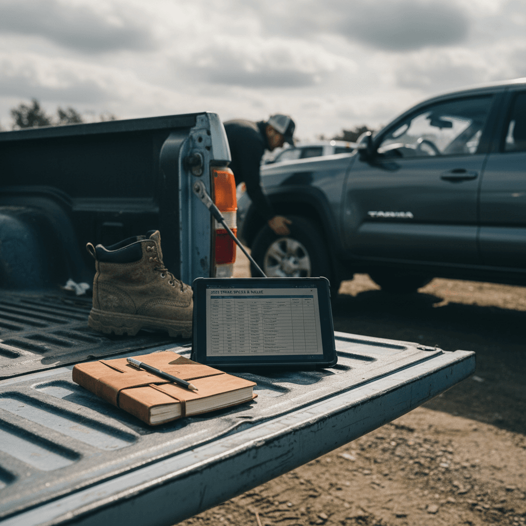 A used Toyota Tacoma driving off-road on a dirt trail