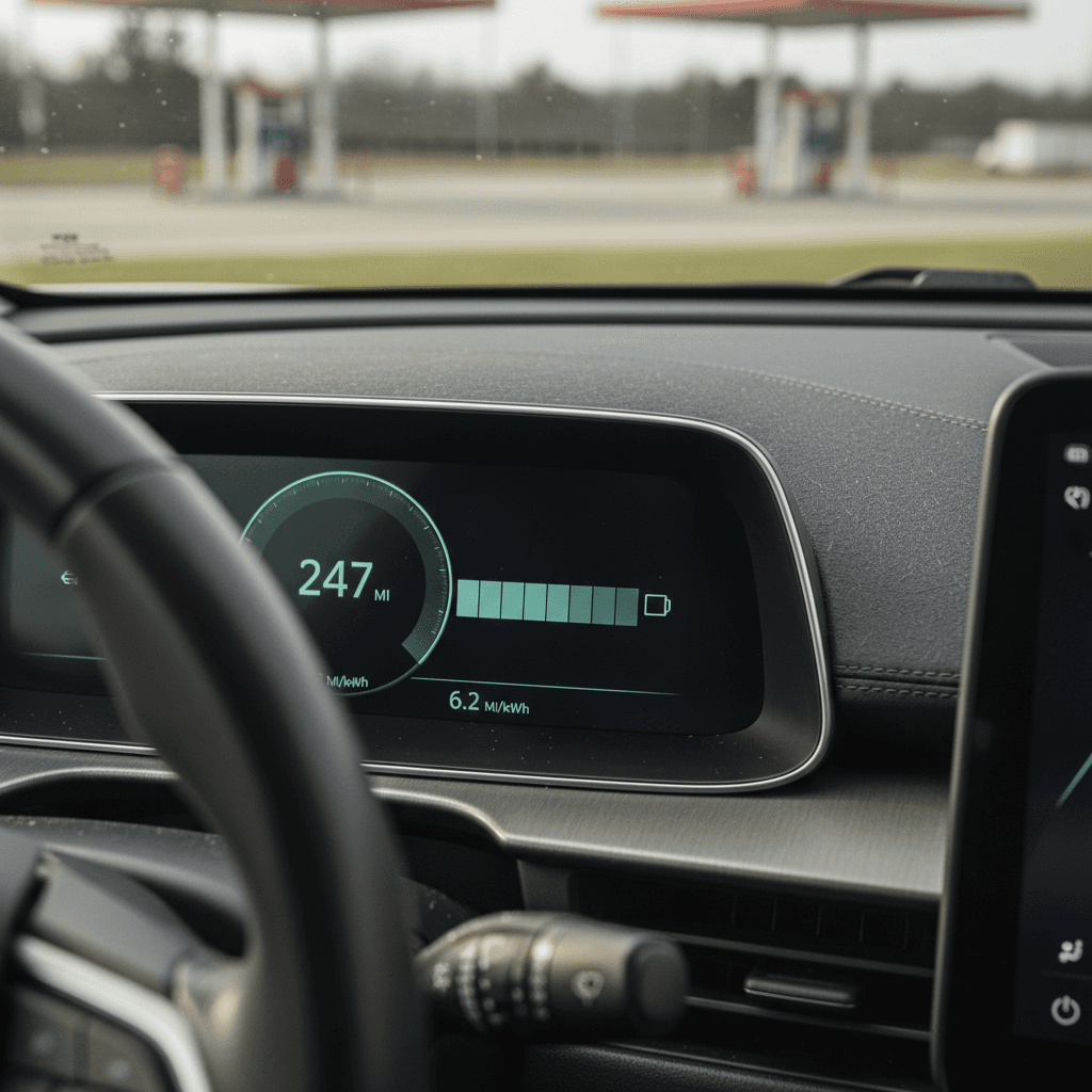 Electric car dashboard showing real-time energy efficiency and range estimate