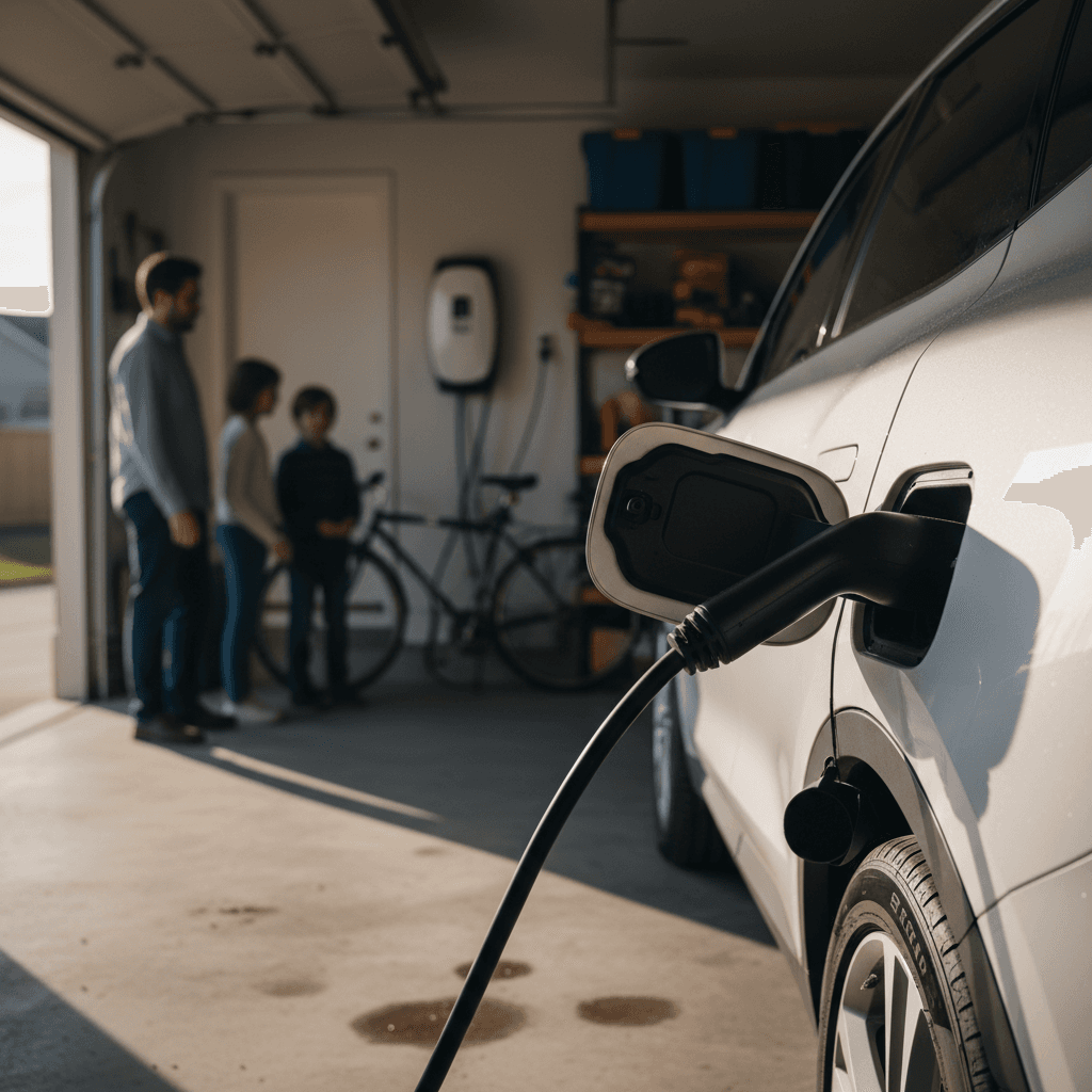 Family charging a new electric SUV at a home garage charger