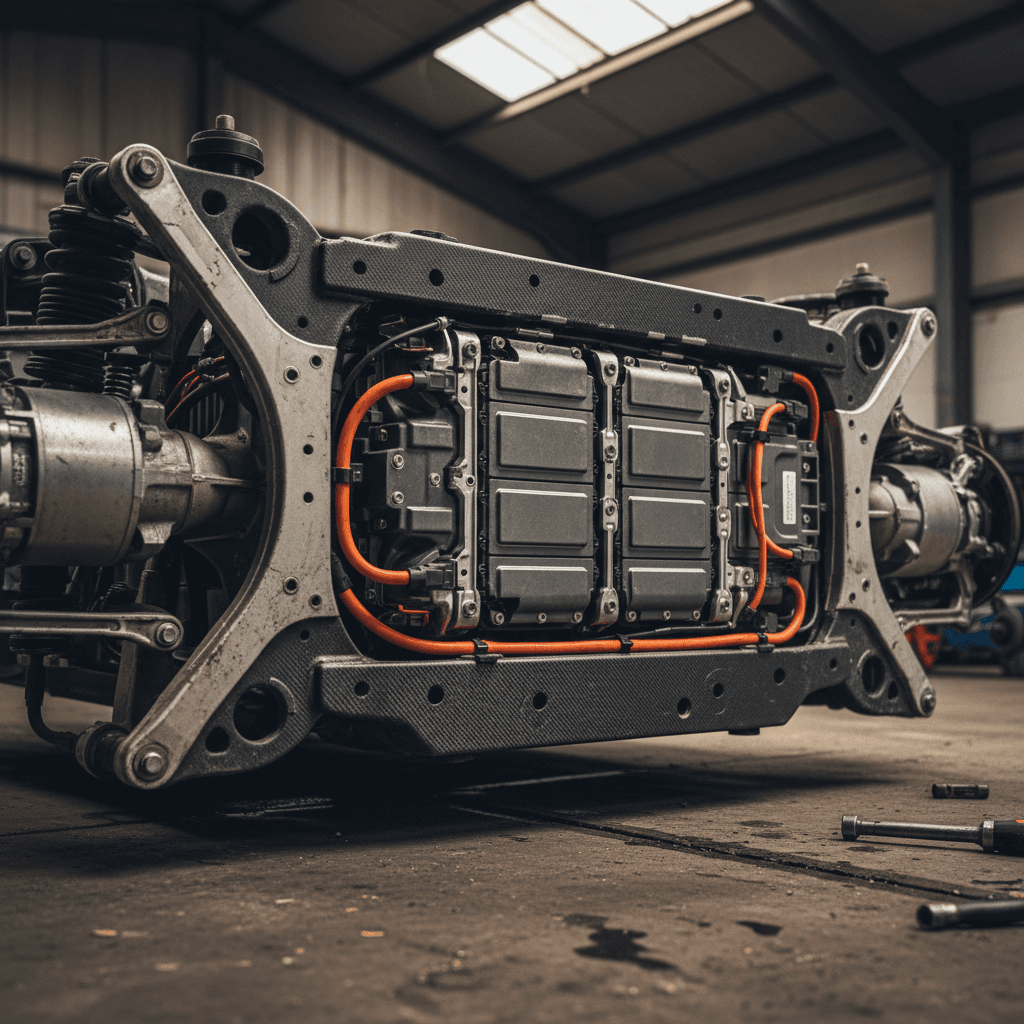 Undercarriage of a dual-motor electric vehicle showing motors at both axles and the central battery pack