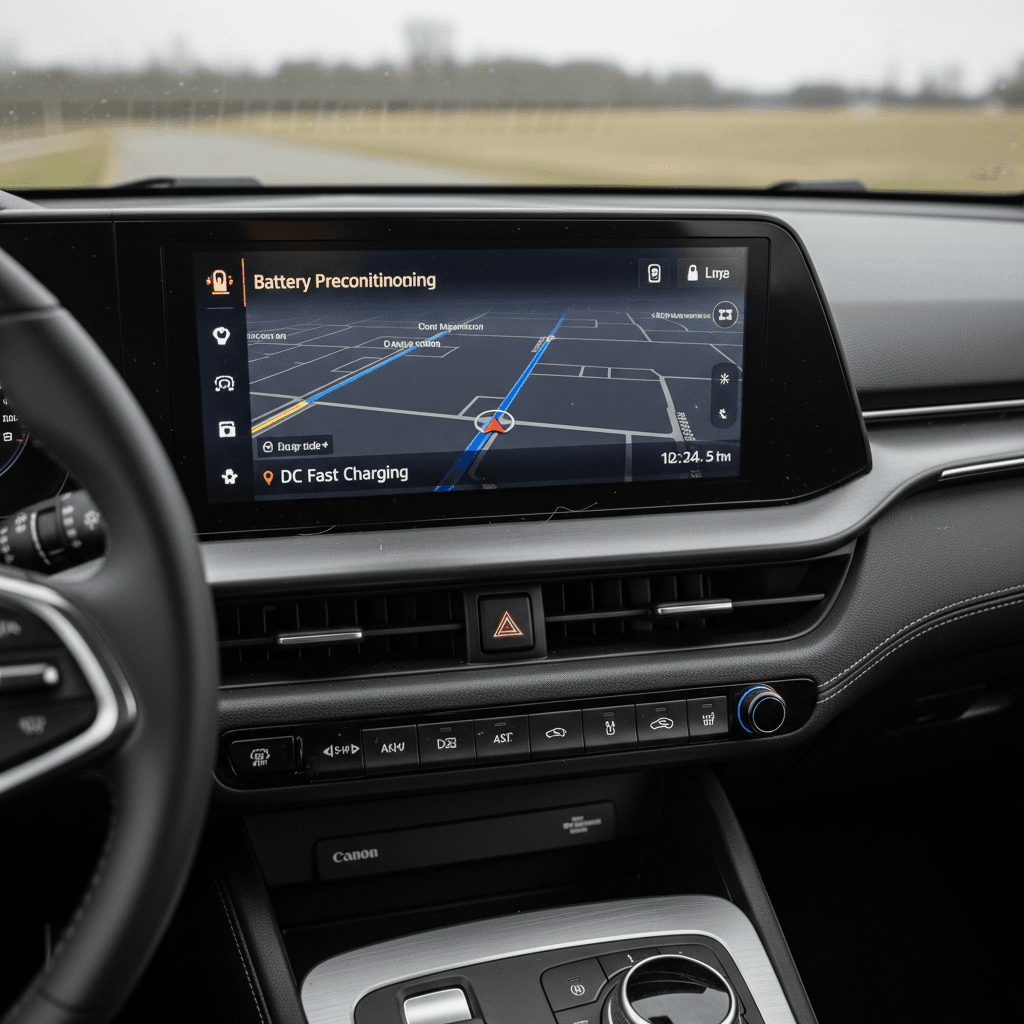 Kia EV6 interior showing navigation screen and EV settings menu for battery preconditioning