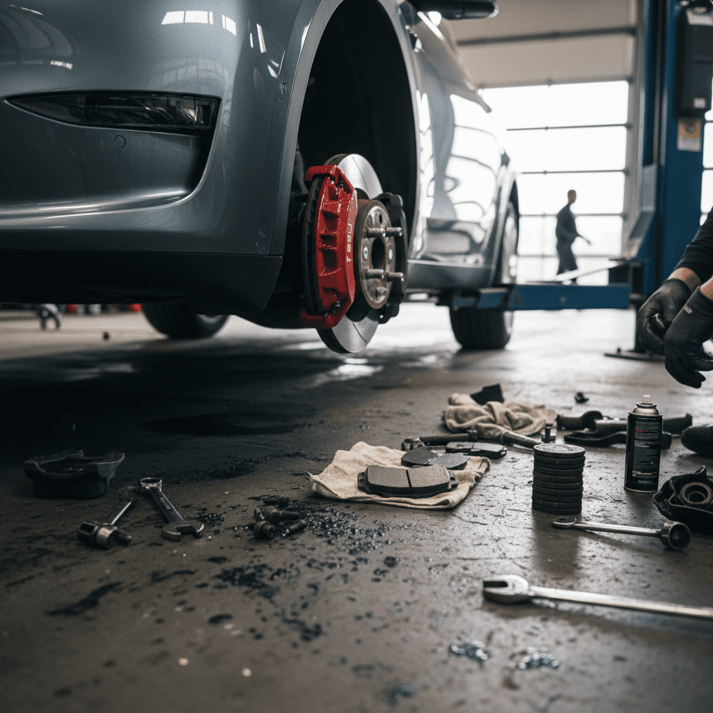 Technician checking tire wear on an electric SUV in a service bay