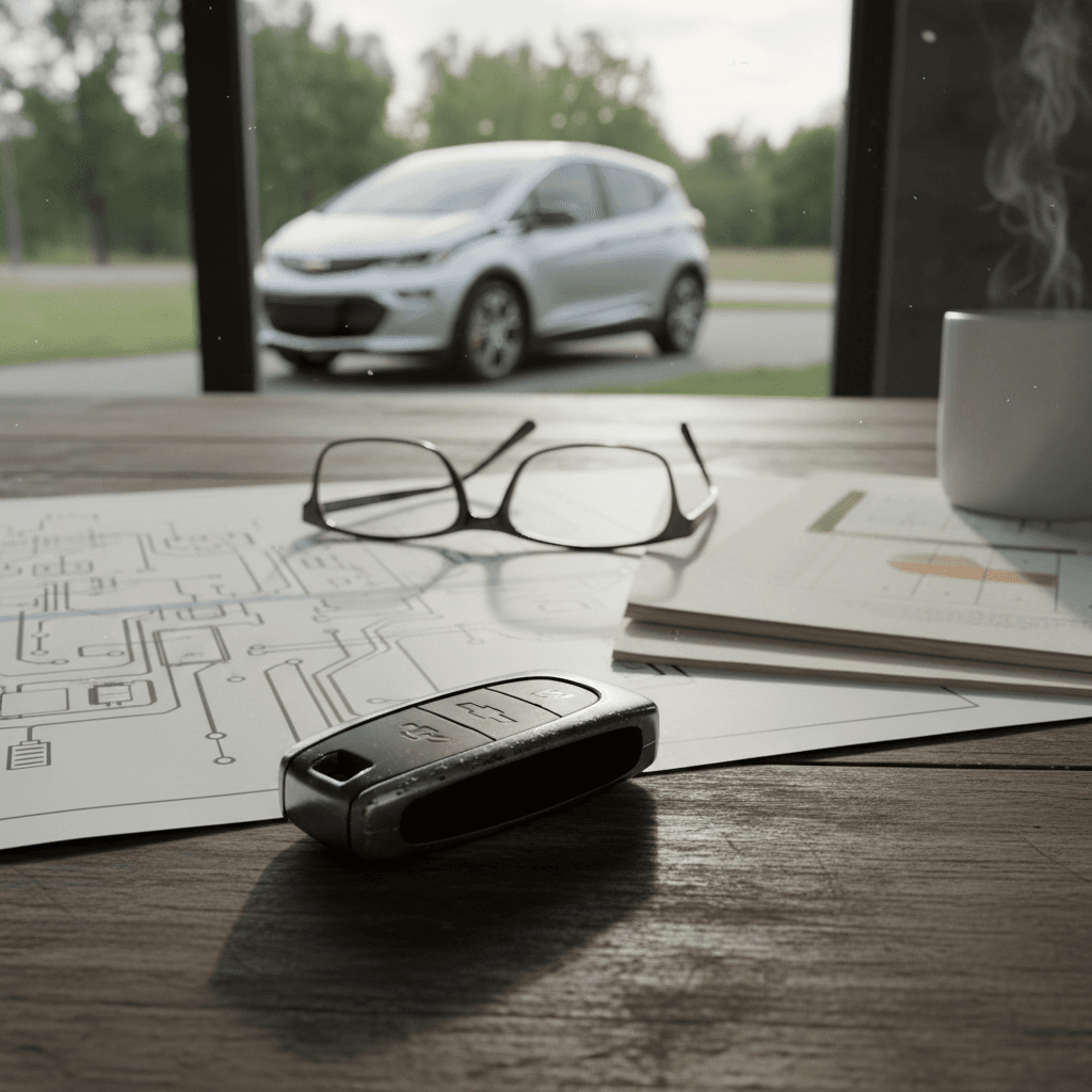 Technician inspecting an exposed EV battery pack under a vehicle on a lift