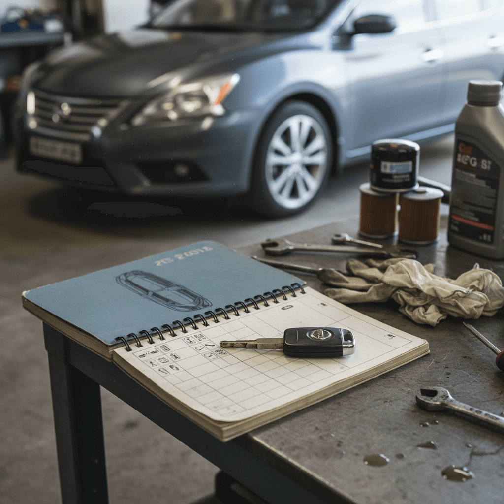 Mechanic inspecting the engine bay of a compact sedan during scheduled maintenance