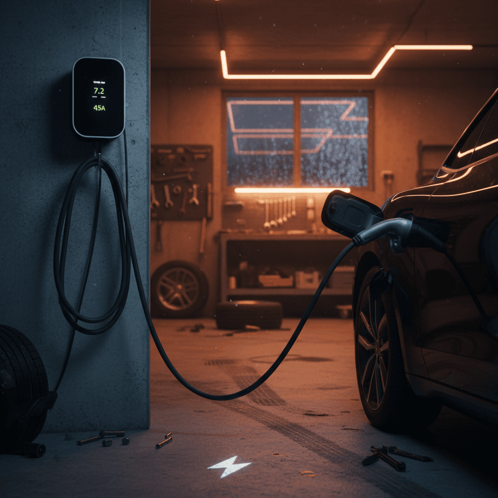 Tesla Model Y charging screen showing real-time charging power in kW and estimated time remaining at a Supercharger