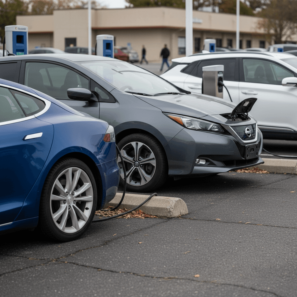 Row of new cars from different manufacturers parked at a dealership lot