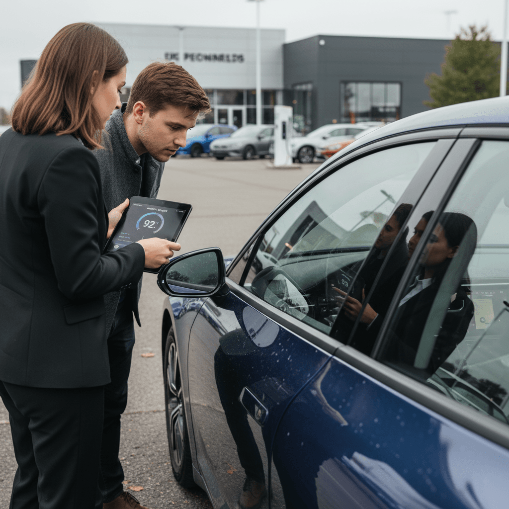 Salesperson reviewing a certified pre-owned vehicle with shoppers at a dealership lot