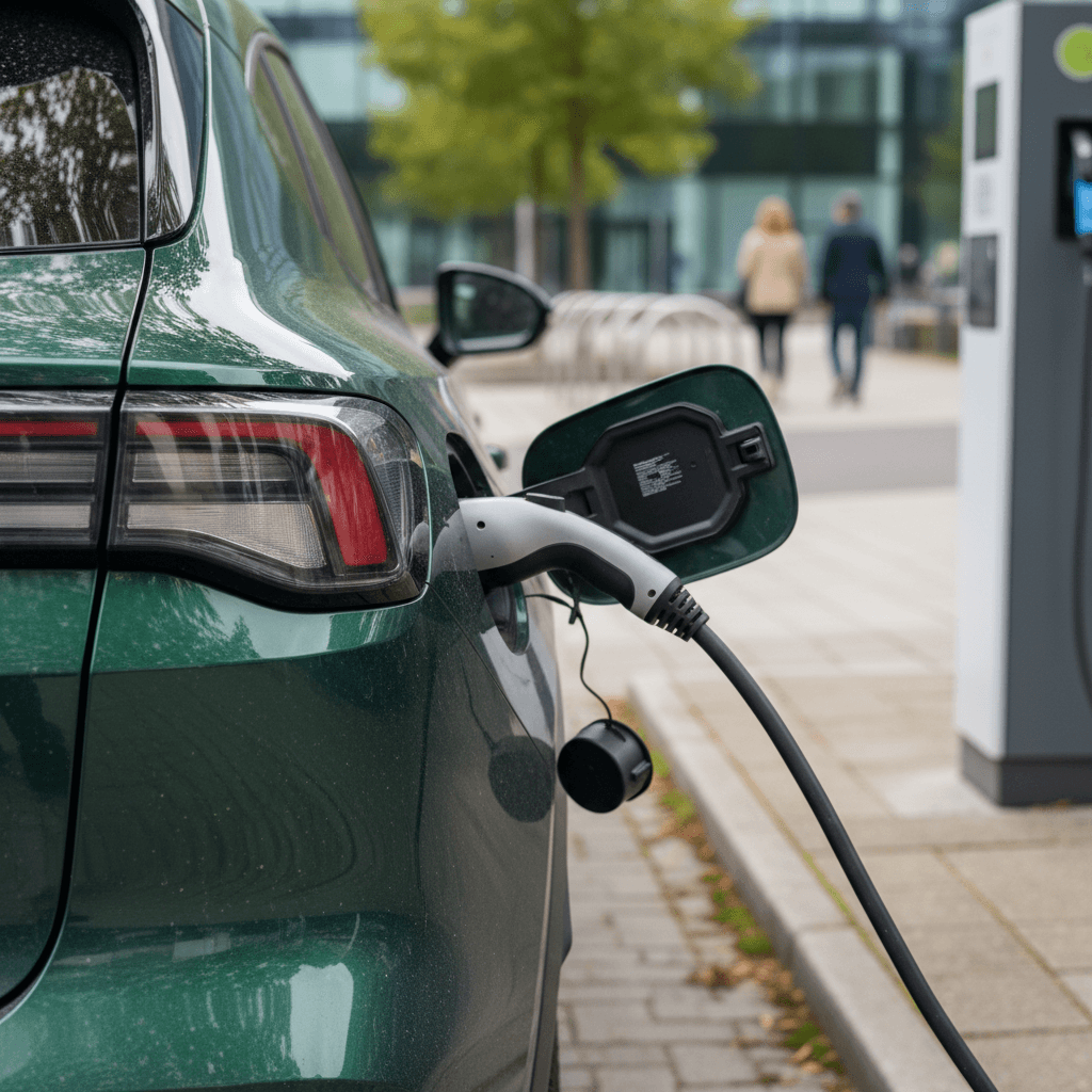 Customer at a rental car counter discussing options for an electric vehicle