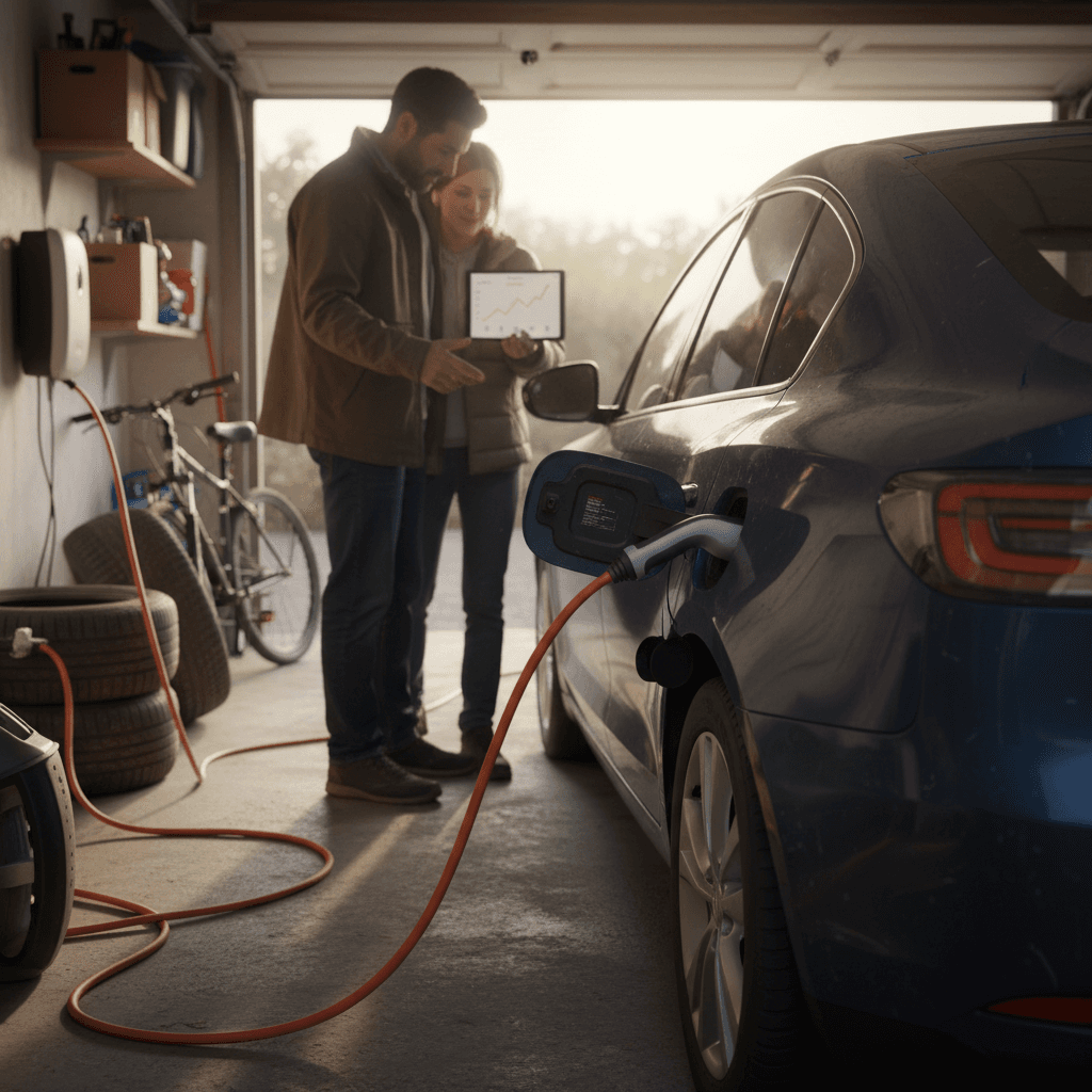 Family plugging an electric car into a home charging station in a driveway
