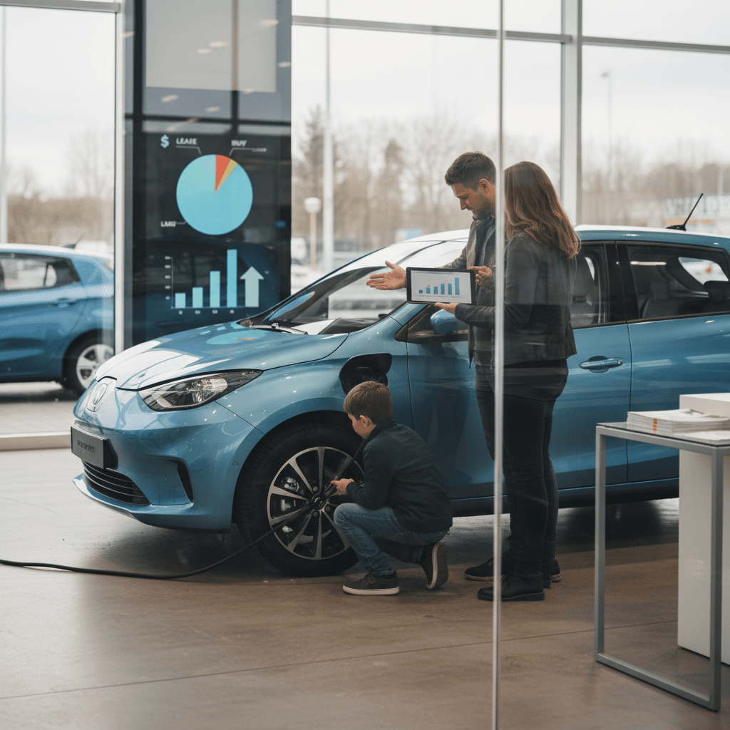 Family reviewing an electric car with a salesperson at a dealership showroom