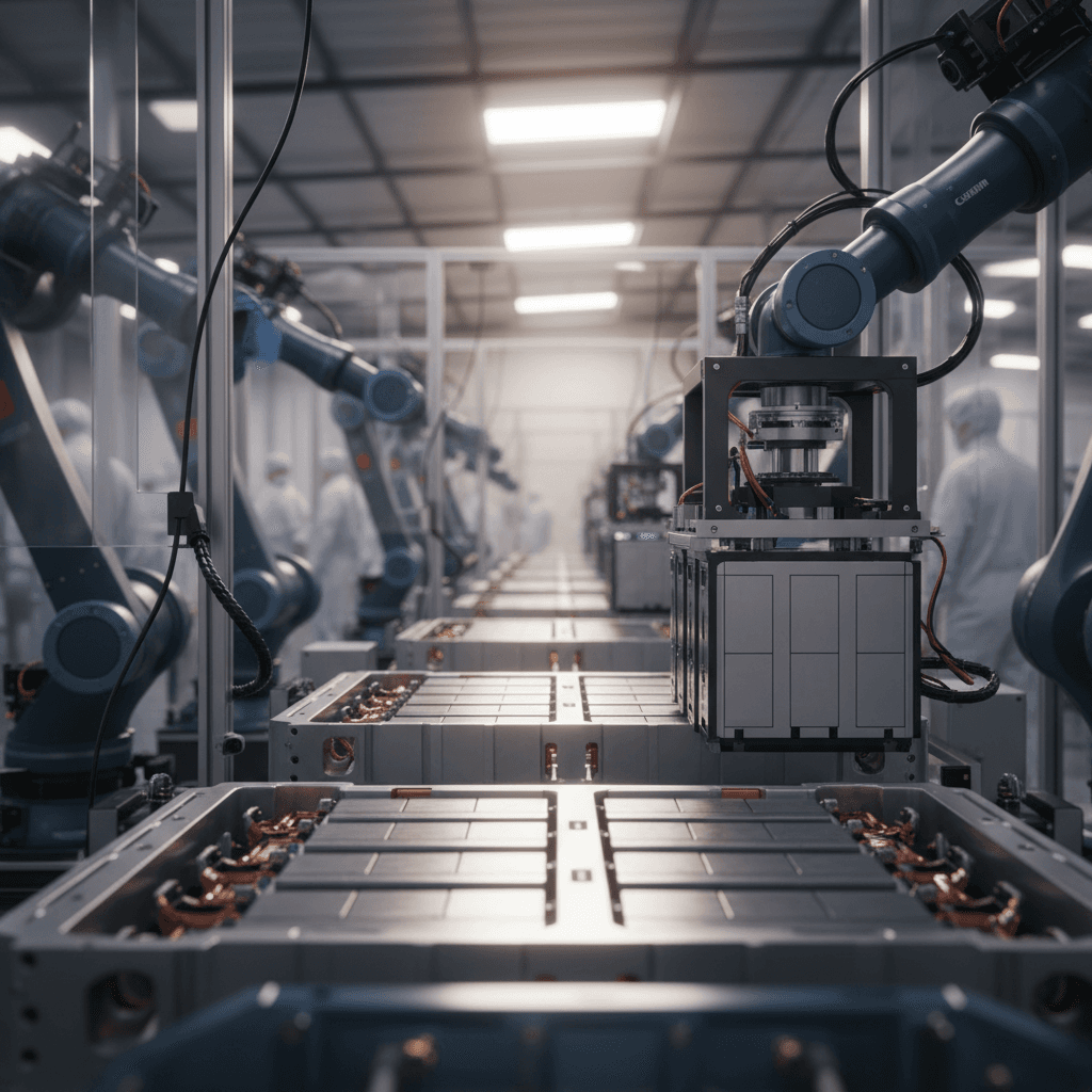 Interior of a large EV battery gigafactory with automated production lines
