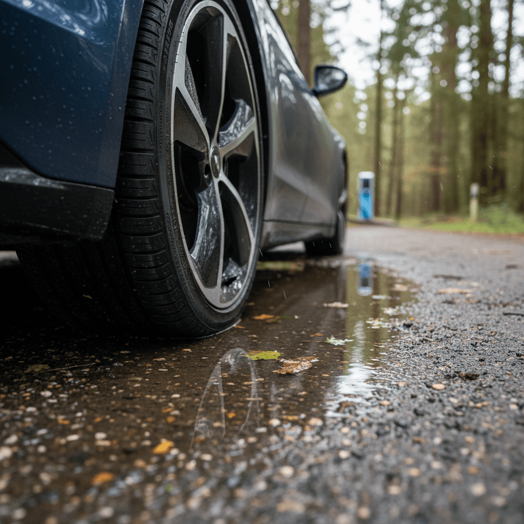Close-up of an electric vehicle tire and tread pattern on a modern EV