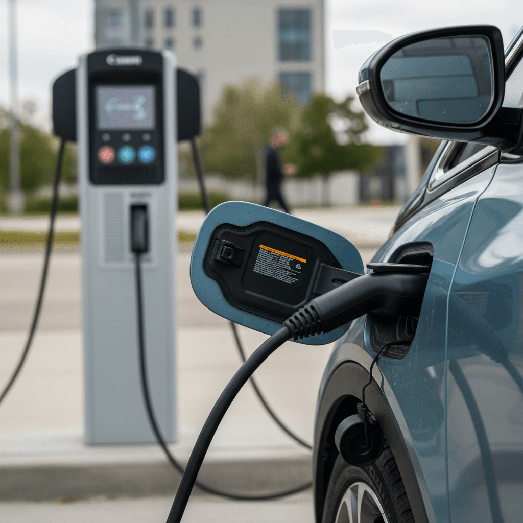 Chevy Volt plug-in hybrid parked and charging at a public station