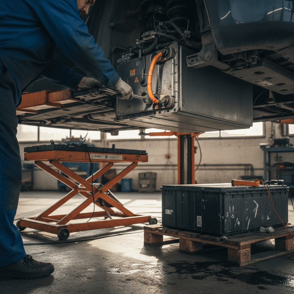 Mechanic lowering an EV battery pack from the underside of a car on a lift