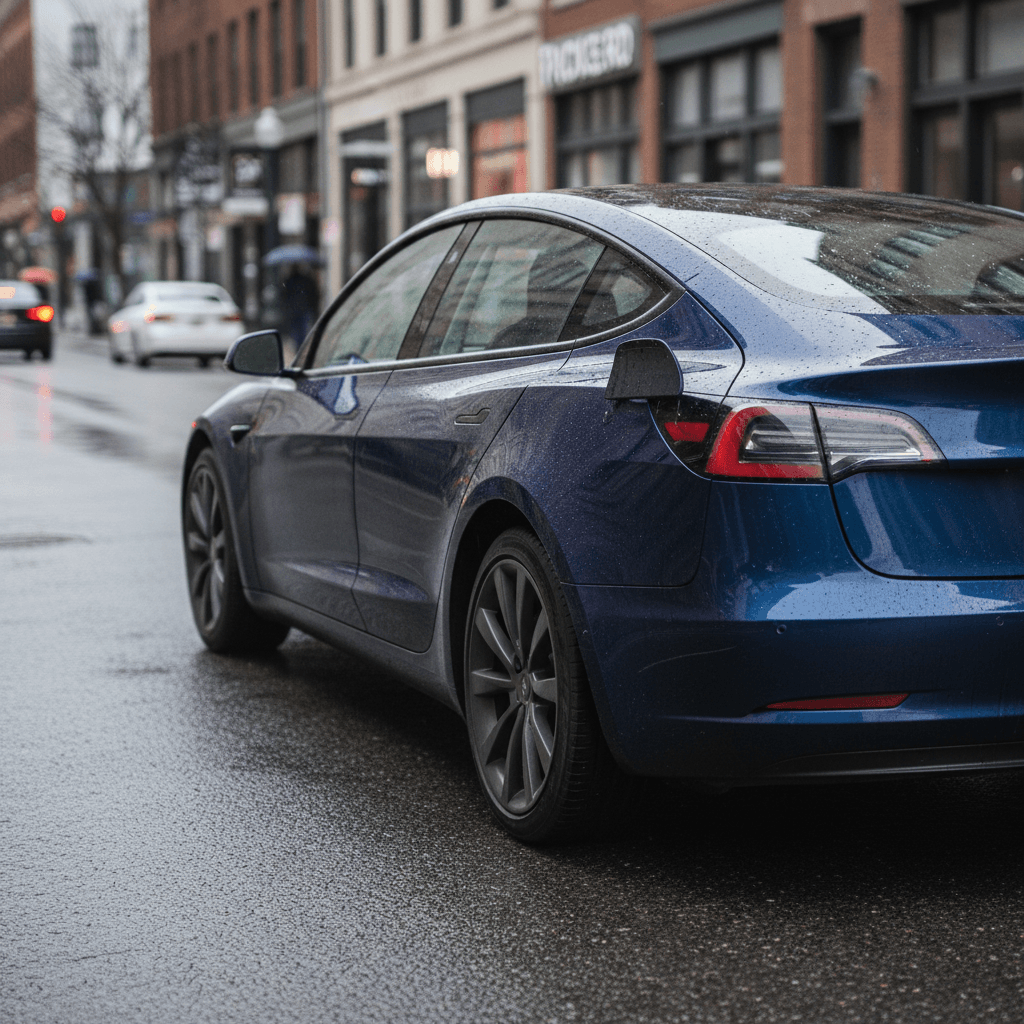 Modern electric sedan driving through a city street, representing today’s sleek EV sedans