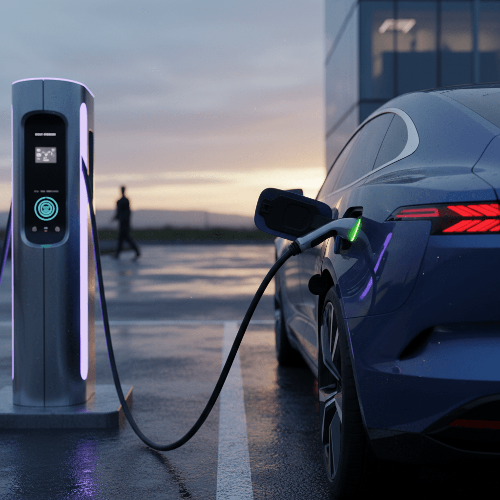 An all-electric sedan charging at a public fast-charging station at dusk