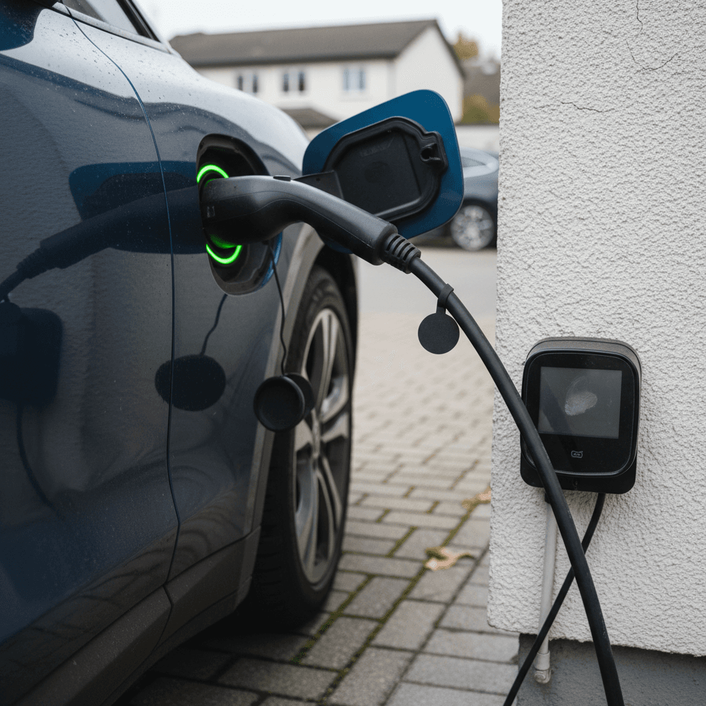 Closeup of an electric car dashboard showing energy efficiency and range.