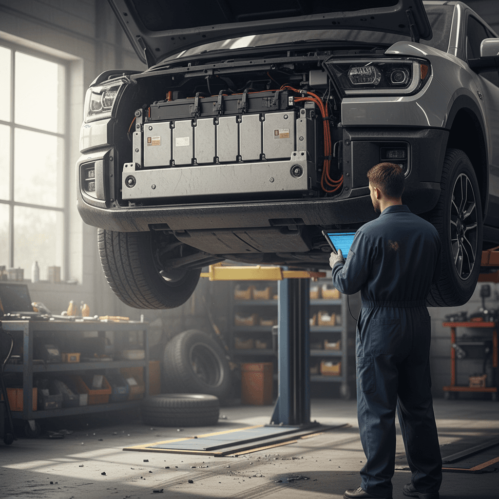 Technician performing a multipoint inspection on a pickup truck in a dealership service bay