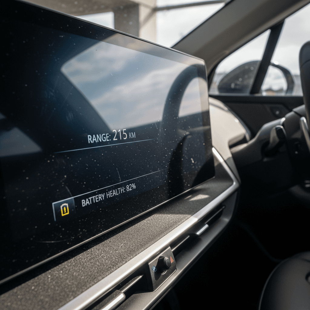 BMW iX interior dashboard showing battery state of charge and range estimate