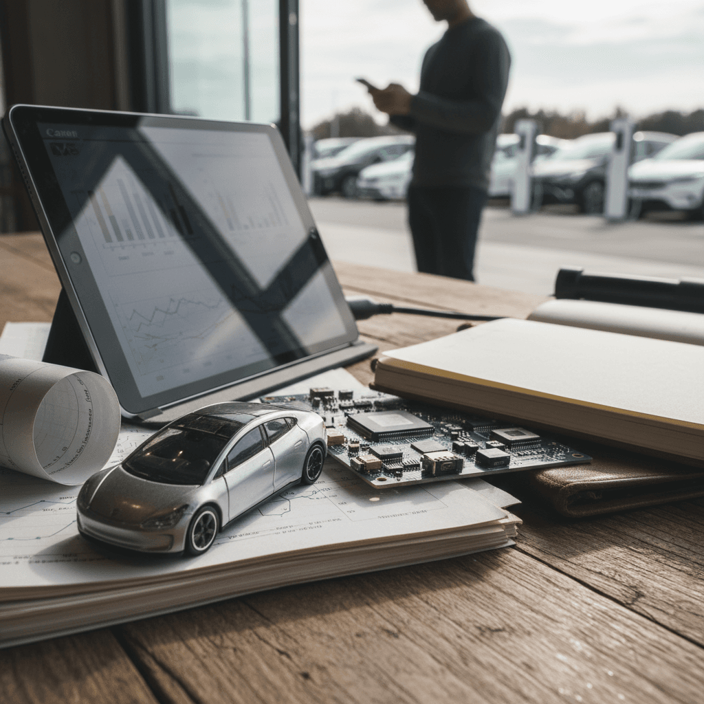 Electric vehicles charging at a modern fast-charging station at night in a city