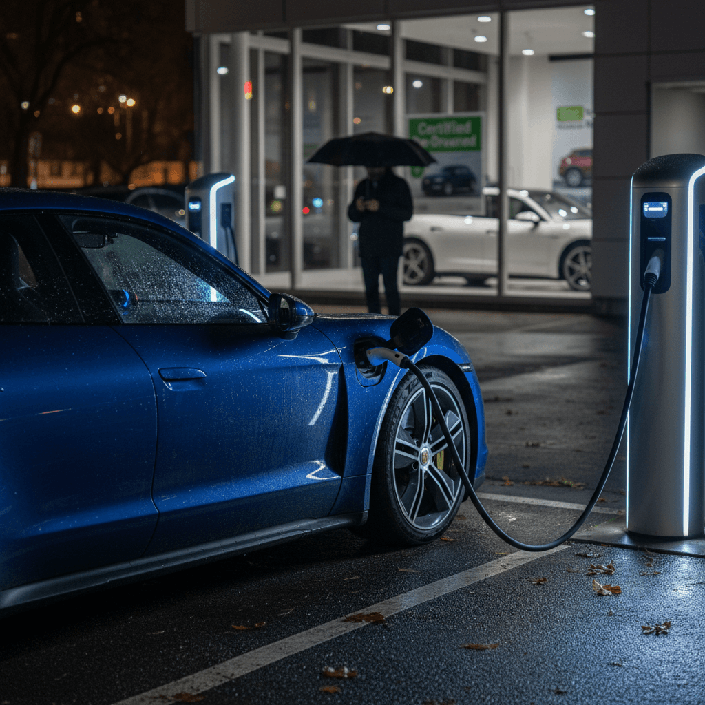 Instrument cluster of a Porsche Taycan showing state-of-charge and range information