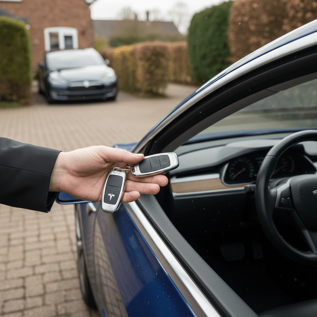 Tesla owner handing keys to a buyer in a parking lot