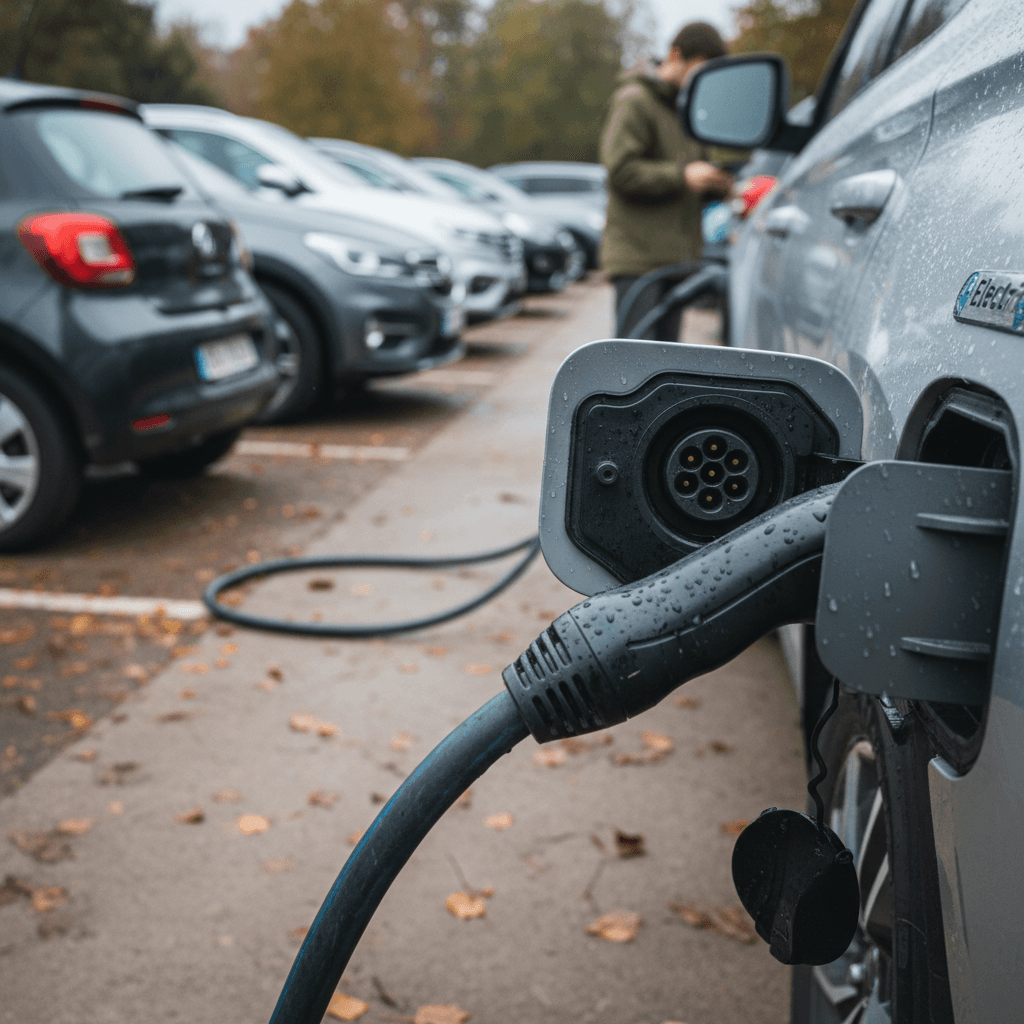 Mechanic checking EV tire tread depth with a gauge in a service bay