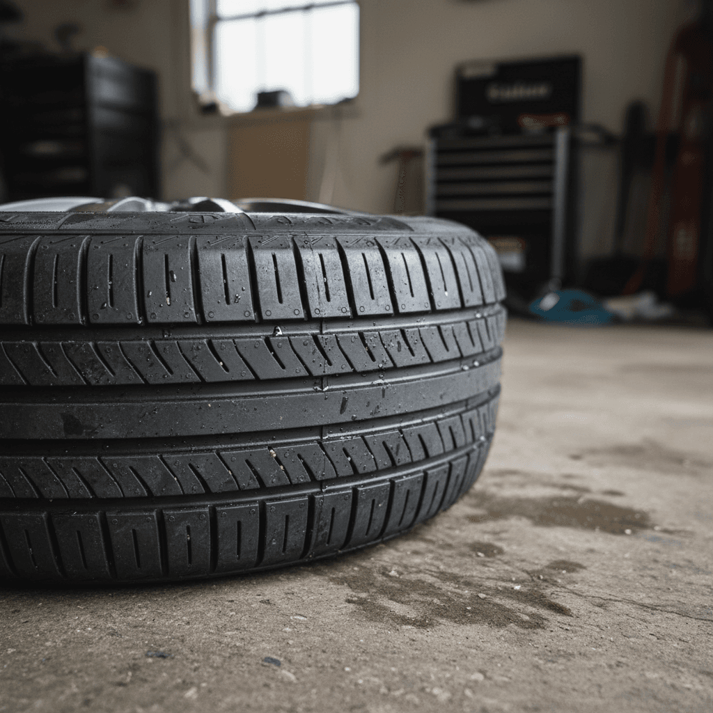 Close-up of an electric vehicle tire tread on a wet road surface