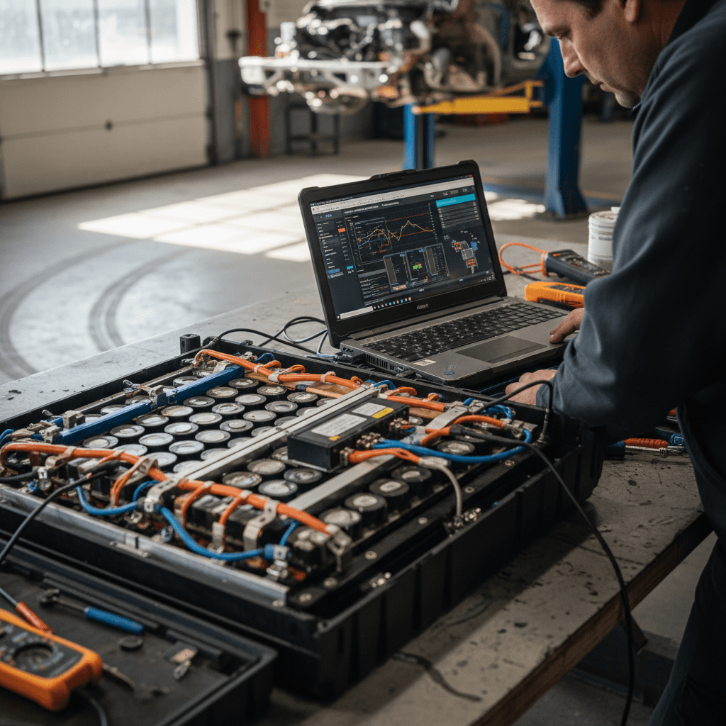 Technician using a laptop to run battery diagnostics on an electric vehicle in a service bay