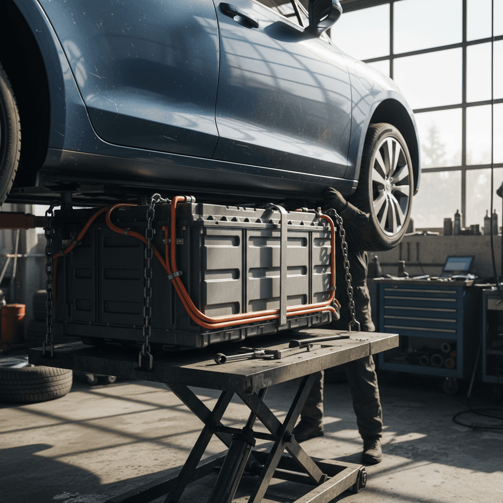 Mechanic lowering an electric car battery pack in a service bay