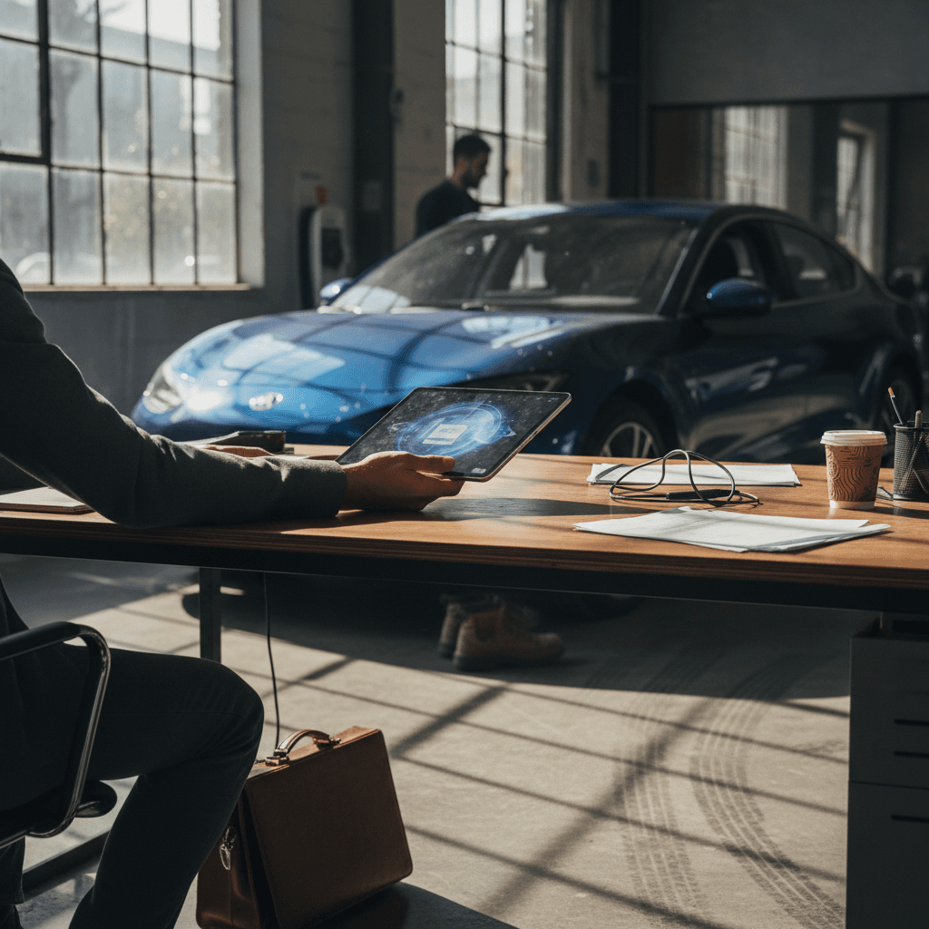 Customer discussing a used electric vehicle purchase with a salesperson at a dealership