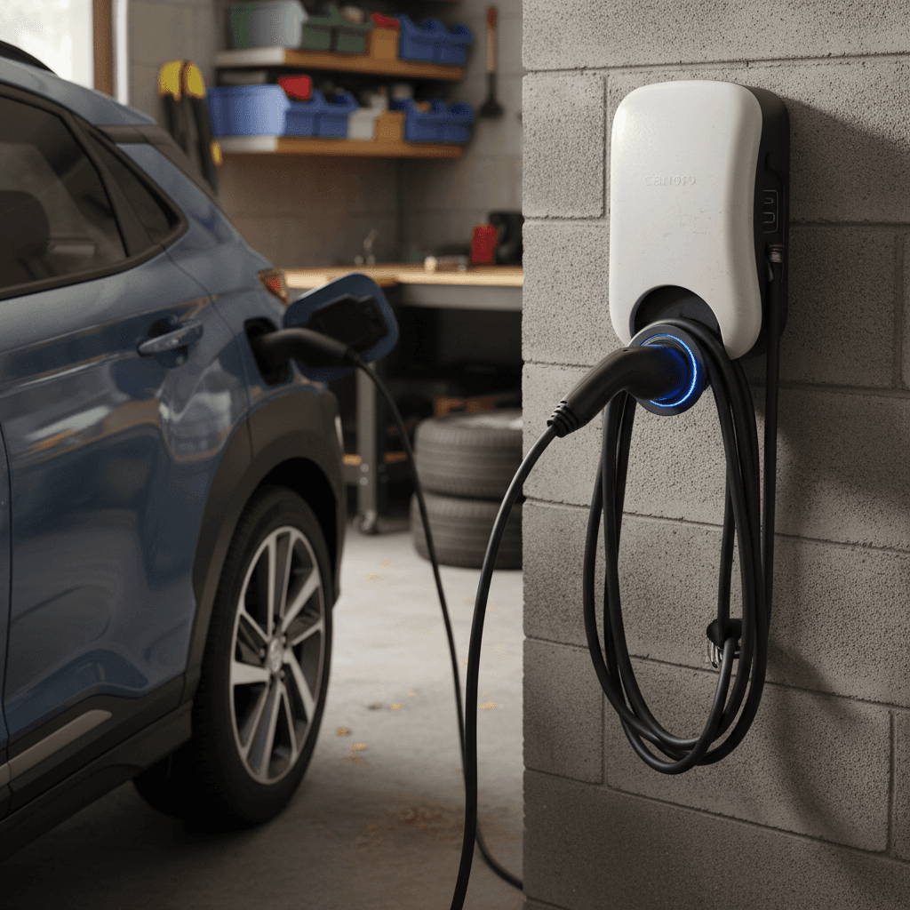 Compact electric SUV similar to a Hyundai Kona Electric charging in a home garage
